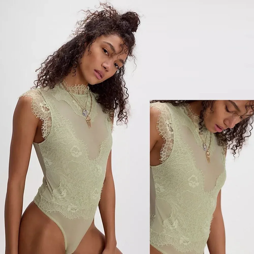 NWT New Free People Sweet Nothings Washed Sage Bodysuit Size L